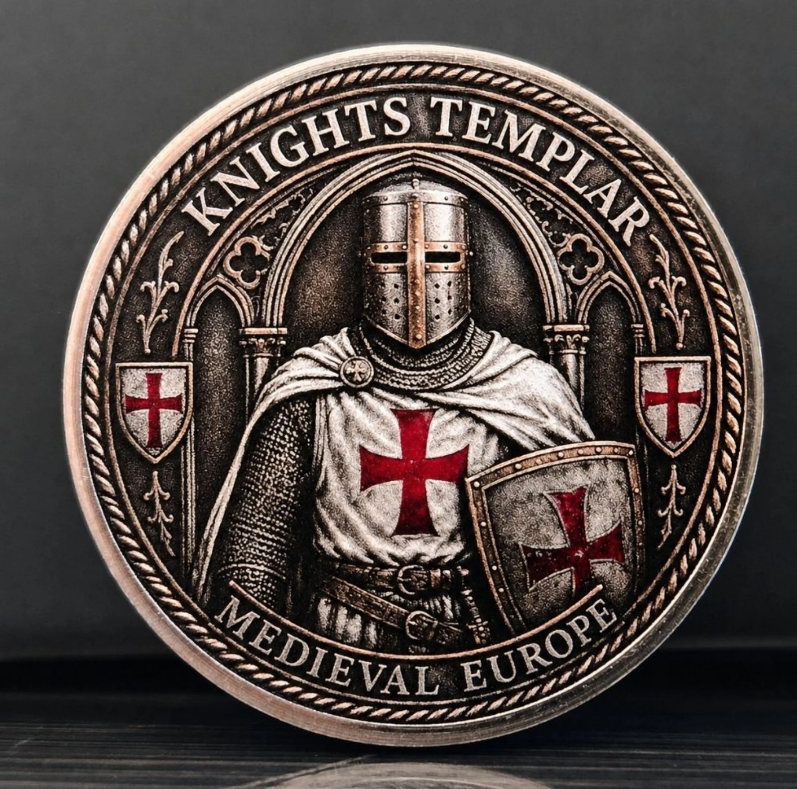 Très belle médaille , chevalier templier.
Diamètre 4cm